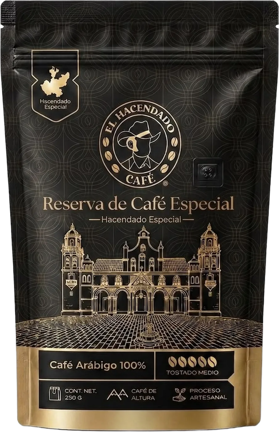 Frente de la bolsa de 250 g de Reserva de Café Especial, en negro con franja dorada.