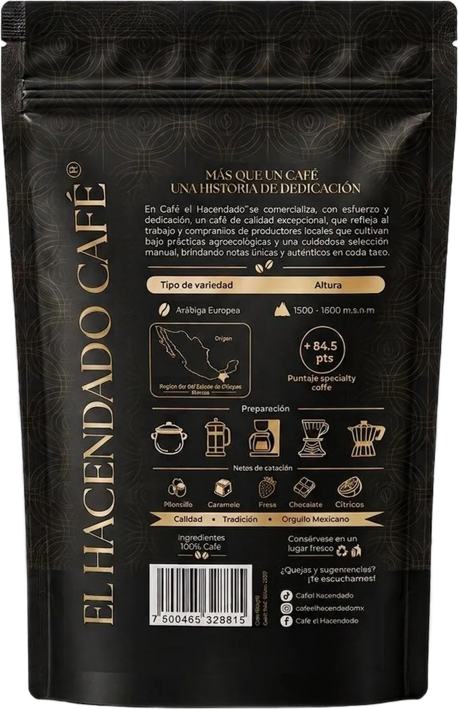 Reverso de la bolsa de Reserva de Café Especial, con la tabla de variedad, altura, puntaje y métodos de preparación.