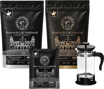 Kit Café El Hacendado: las dos bolsas de 250 g, el Viajero y una prensa francesa.