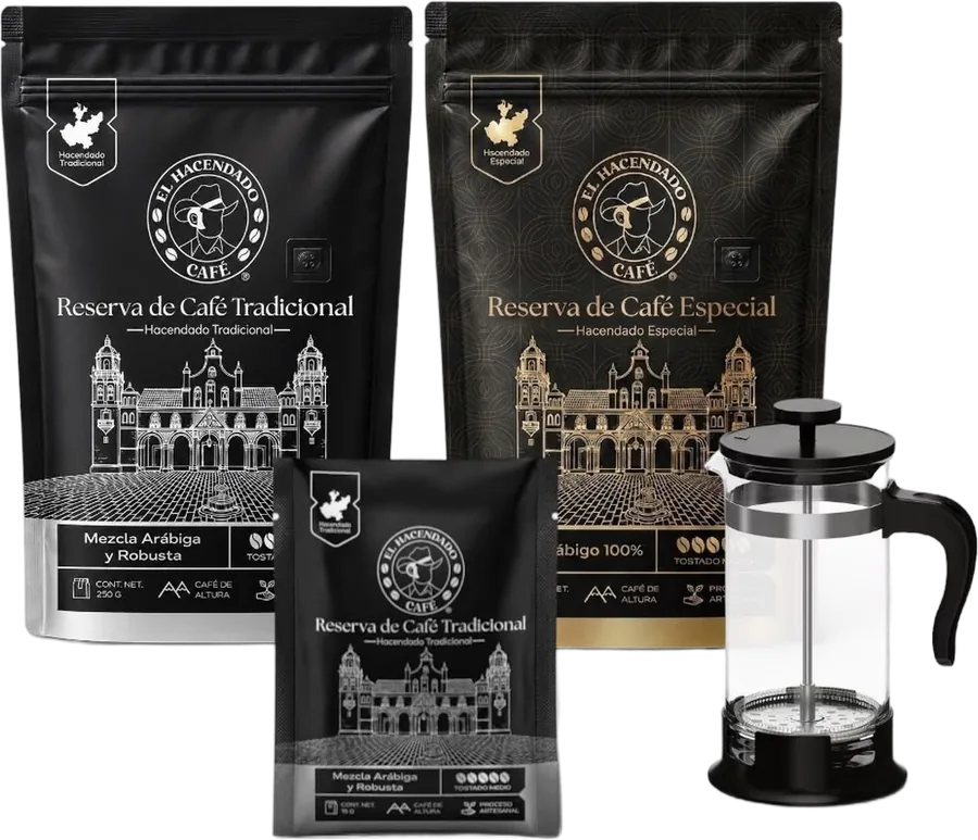 Kit Café El Hacendado: las bolsas de 250 g Tradicional y Especial, el sachet Viajero y una prensa francesa.