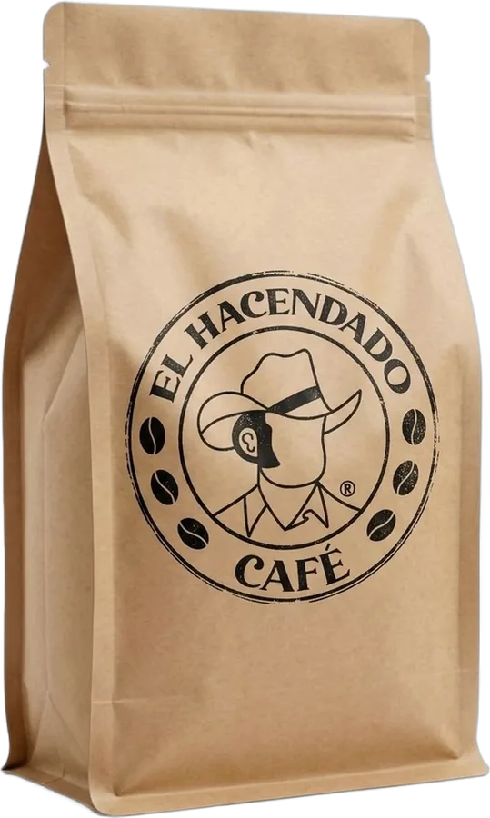 Bolsa kraft de Café El Hacendado con el sello de la marca.