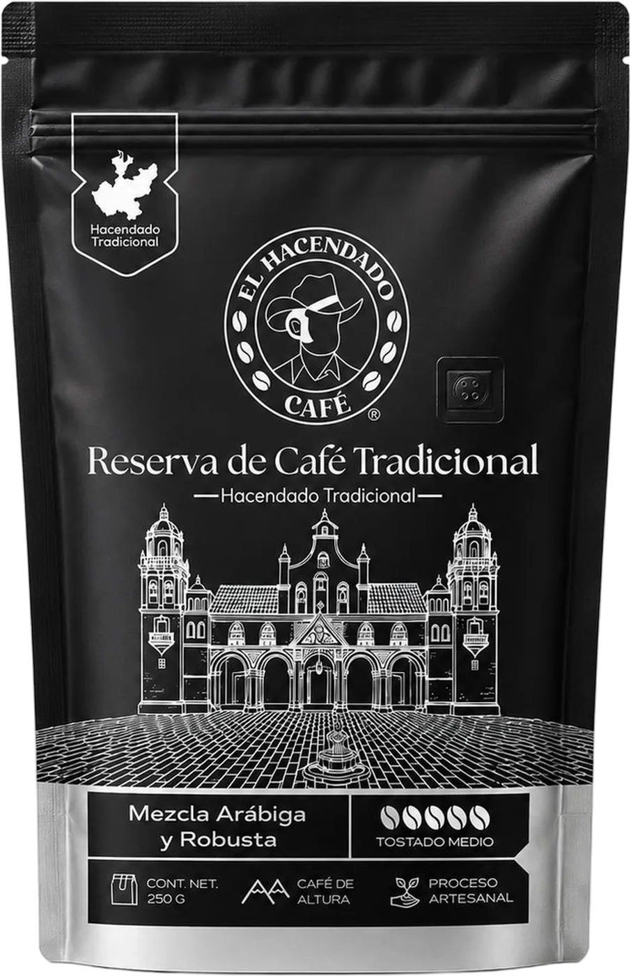 Frente de la bolsa de 250 g de Reserva de Café Tradicional, en negro con franja plateada.