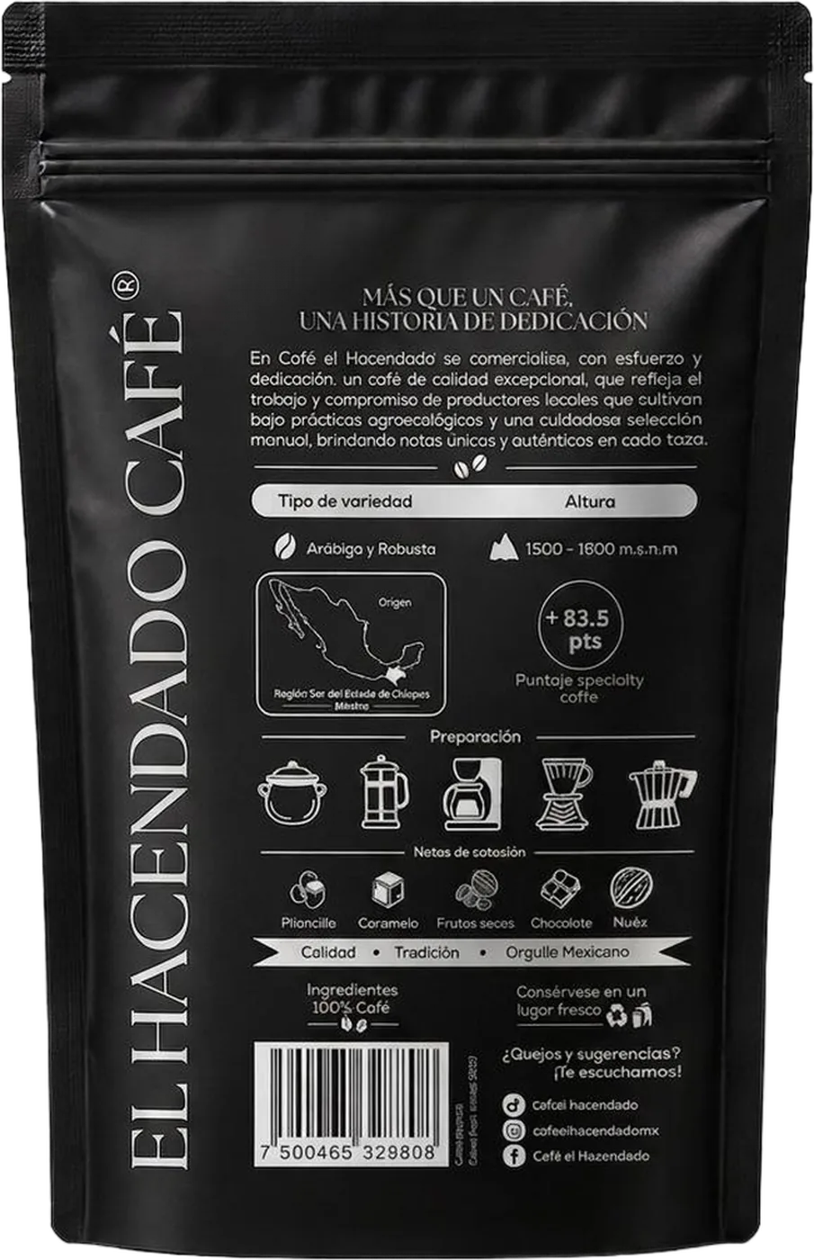 Reverso de la bolsa de Reserva de Café Tradicional, con la tabla de variedad, altura, puntaje y métodos de preparación.
